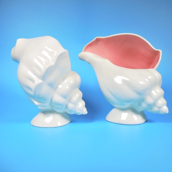 2 VTG Ceramic Conch Sea Shells Decor Planter Tiki